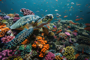 Colorful life on underwater coral reef with a sea turtle