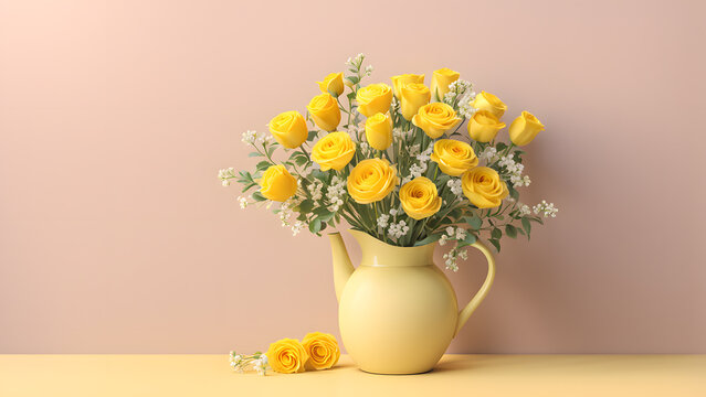 3D Floral Bouquet in Porcelain Ceramic Vase on Pastel Background: Magnificent Element for Fashion, E-commerce, and Beauty Care Banners.