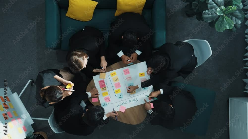Poster top down view of business people hands making scrum task board to manage workflow in workplace. dive