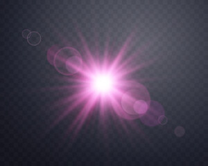 Sunlight lens flare, sun flash with rays and spotlight. Pink glowing burst explosion on a transparent background. Vector illustration.