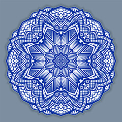 Vector abstract circular mandala design decorative element ethnic style. Blue line and white area for coloring. Shadow around of mandala. Arab, Islam, Indian, Chinese. Yoga illustration.