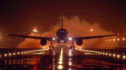 A groundlevel shot of a plane landing on an illuminated airstrip at night leaving behind a trail of smoke and lights.