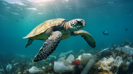 Obraz premium green sea turtle swimming in the polluted ocean surrounded with plastic and trash waste in the water environment illustration 