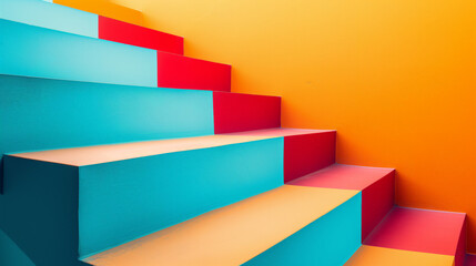 Abstract colorful staircase with vibrant blue, red, and orange hues, ideal background with copy...