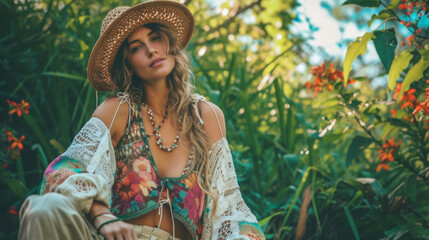 The artsy Boho A crochet bucket hat paired with a flowy blouse wideleg pants and chunky sandals embracing a bohemian and artistic aesthetic. For the background imagine strolling