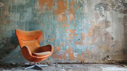 Vintage orange chair in a room with peeling turquoise paint and grunge wall texture, providing copy space, suitable for concepts of solitude or urban decay