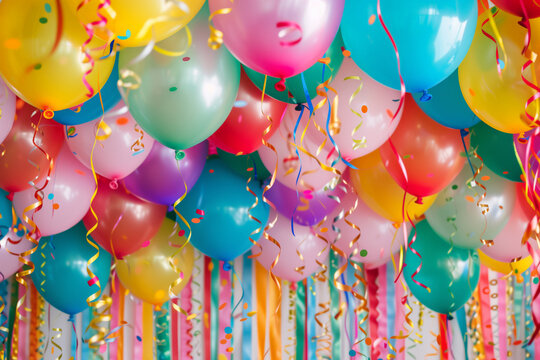 Colorful party balloons with vibrant ribbons and confetti, ideal for festive backgrounds with copy space