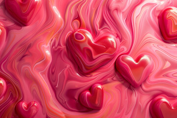 Abstract liquid swirl background in pink and red shades with floating glossy hearts, suitable for Valentine's Day themes or romantic concepts with space for text