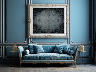 Blue Room with Plush Suede Sofa, Elegant Art Photo Frame Mockup Resource
