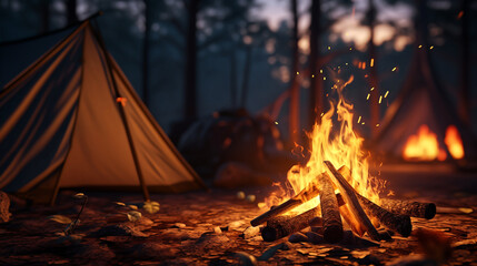 Camping fire, Camp fire, Close up of tent, woods and camp fire with dark amber and blue sky background - obrazy, fototapety, plakaty