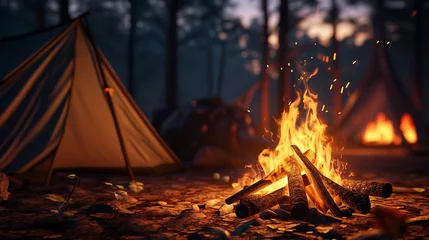  Camping fire, Camp fire, Close up of tent, woods and camp fire with dark amber and blue sky background © HappyPICS