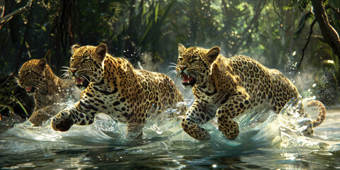 leopards run on water in jungle. Dangerous animal - obrazy, fototapety, plakaty