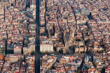 Aerial wide angle view of Barcelona old town buildings, Spain