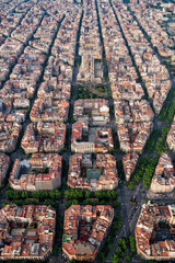 Aerial wide angle view of Barcelona Eixample residencial district, Spain. Urban grid with streets and buildings - 739670697