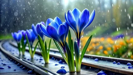 Foto op Canvas Spring Flowers Blue Crocuses in Drops of Water © Sadaf
