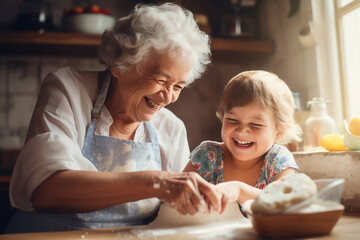 Joyful Grandmother and Grandchild Sharing a Baking Moment in a Cozy Kitchen. Family Bonding and Tradition - obrazy, fototapety, plakaty