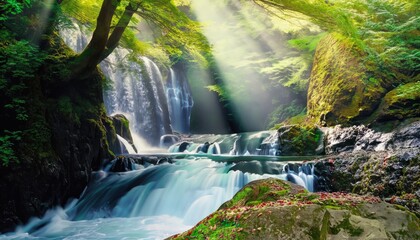 Kikuchi Valley, waterfall, and ray in Forest