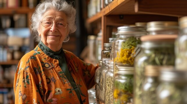 In her cozy retirement home a senior woman proudly displays her collection of handlabeled herbal tea jars each containing a unique blend of herbs that bring her joy and relaxation.