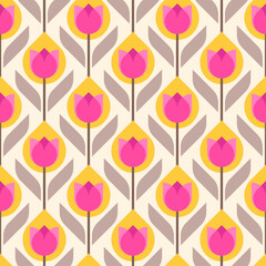 Retro cute geometric tulip seamless pattern background.