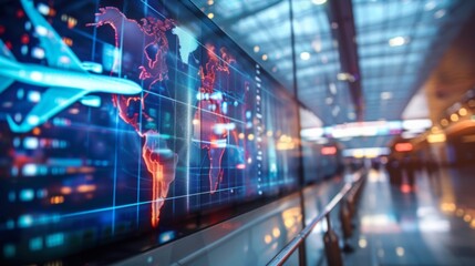 Obraz premium A closeup view of an airport billboard with a futuristic design and the words The Skys the Limit conveying the message of endless possibilities and growth for businesses through