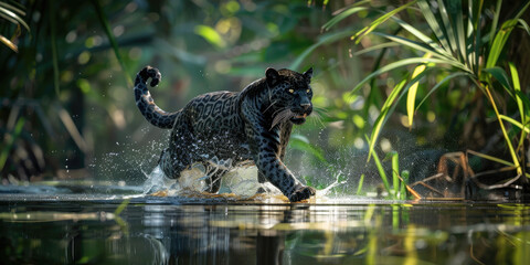 a black panther runs on water in jungle. Dangerous animal - obrazy, fototapety, plakaty