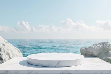 Obraz na płótnie Canvas White stone product podium and white base with sea view background, for product display presentation