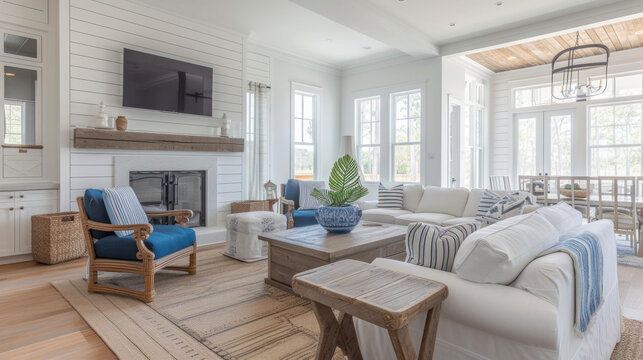 Bright pops of blue and natural wood accents bring the coastal farmhouse theme to life in this beautiful beachside home.