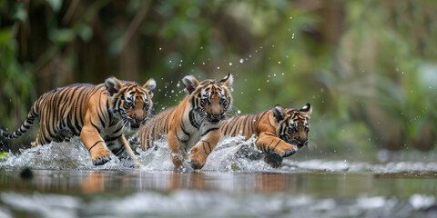 tiger cubs run on water in jungle. Dangerous animal