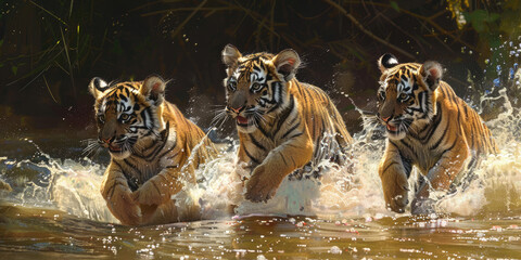 tiger cubs run on water in jungle. Dangerous animal
