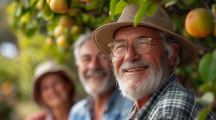 A group of happy retirees cooling off in the shade of a thriving fruit tree in their sustainable backyard. - obrazy, fototapety, plakaty