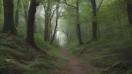 Mystical Forest Pathway, Morning Mist, Serene Green Nature