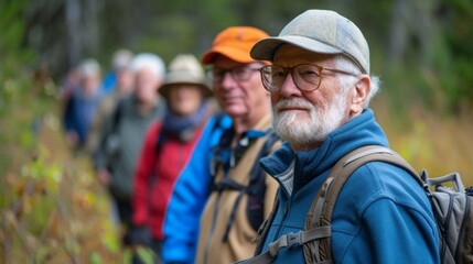 A senior leading a group of retirees on a nature walk showcasing their love for the outdoors and their ability to plan and coordinate enjoyable activities for others. The - obrazy, fototapety, plakaty