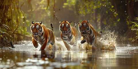 tiger cubs run on water in jungle. Dangerous animal - Powered by Adobe