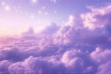 Dreamy purple cloudscape with twinkling stars, ideal for backgrounds or fantasy concepts, with ample space for text - obrazy, fototapety, plakaty