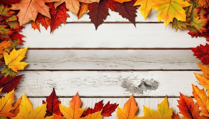 Naklejka na ściany i meble autumn leaves frame over white rustic wooden background