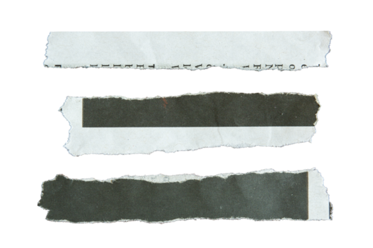 Set of ripped long rectangular black and white newspaper