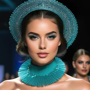 Retrato mujer joven modelo desfilando en una pasarela de moda con un sombrero y un collar verdes