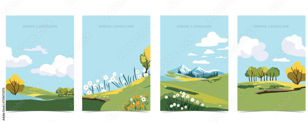 Poster spring landscape background with mountain and tree editable vector illustration for postcard,a4 vert