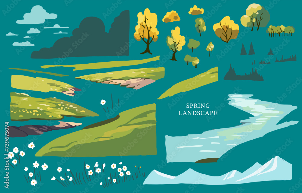 Wall mural spring landscape element set with mountain and tree editable vector illustration for graphic dedsign