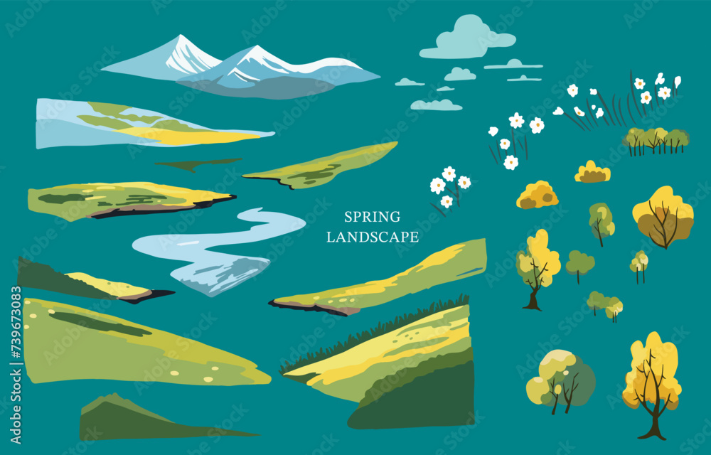 Wall mural spring landscape element set with mountain and tree editable vector illustration for graphic dedsign