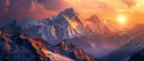a sunset shot of mountain peaks covered in snow - obrazy, fototapety, plakaty