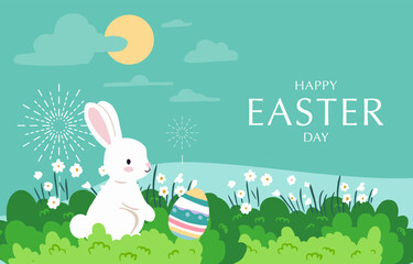 Obraz na płótnie Canvas Collection of easter background set with rabbit and egg in garden Editable vector illustration for horizontal banner