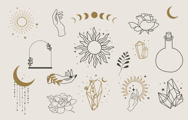 collection of mystic icon use for boho occult design with sun and moon