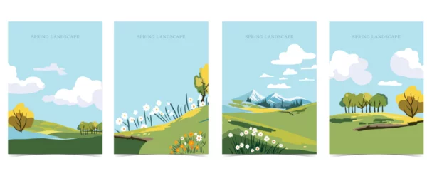 Fototapeten Spring landscape background with mountain and tree Editable vector illustration for postcard,a4 vertical size © piixypeach