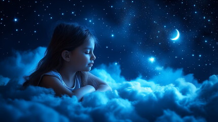 Young girl daydreaming on a cloud under a starry sky with a crescent moon.