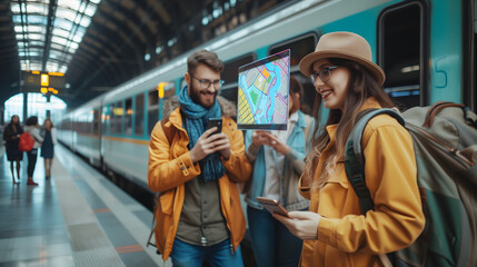 Three travelers with backpacks are holding smartphones and searching for a map with a virtual hologram map in front of them. Train station in the morning as a background. - obrazy, fototapety, plakaty
