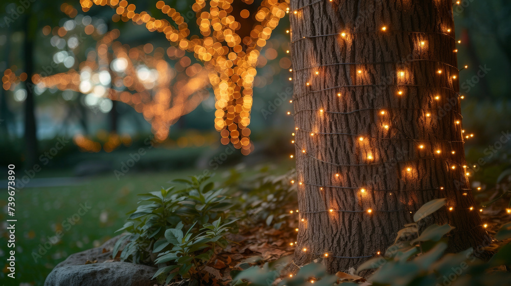 Poster a creative display of fairy lights wrapped around the trunk of an old tree creating a magical and wh
