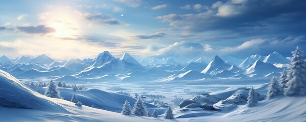 Snow Landscape on Mountain at Sunrise Banner. Generative AI