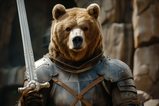 Surreal depiction of a bear dressed as a medieval knight holding a sword, ideal for creative projects or fantasy-themed backgrounds