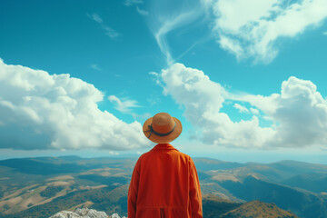 Rear view of a person in a straw hat and orange jacket overlooking rolling hills under a scenic cloudy sky, ample copy space, concept of travel and freedom